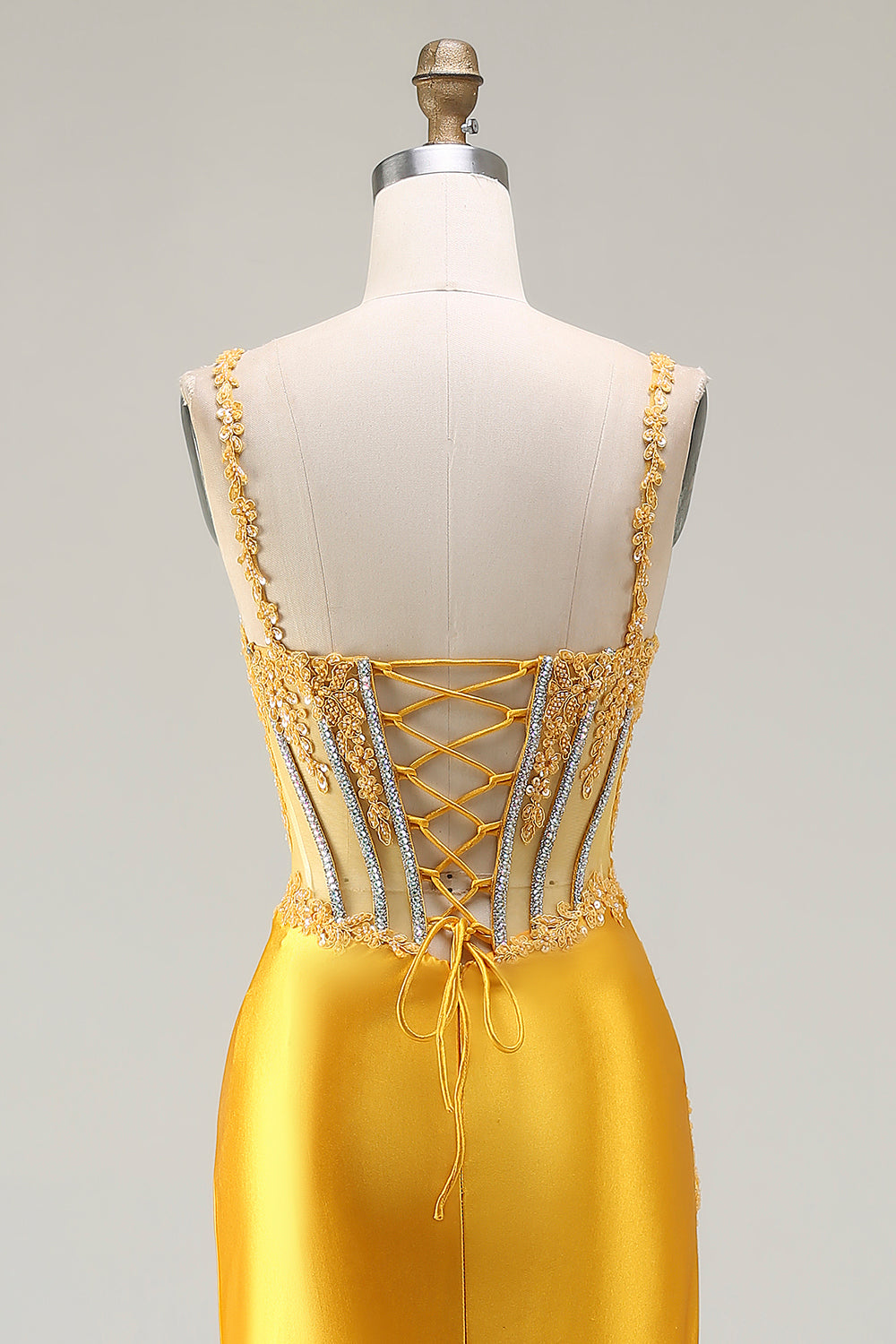 Sparkly Yellow Satin Mermaid Ruched Corset Long Prom Dress with Slit