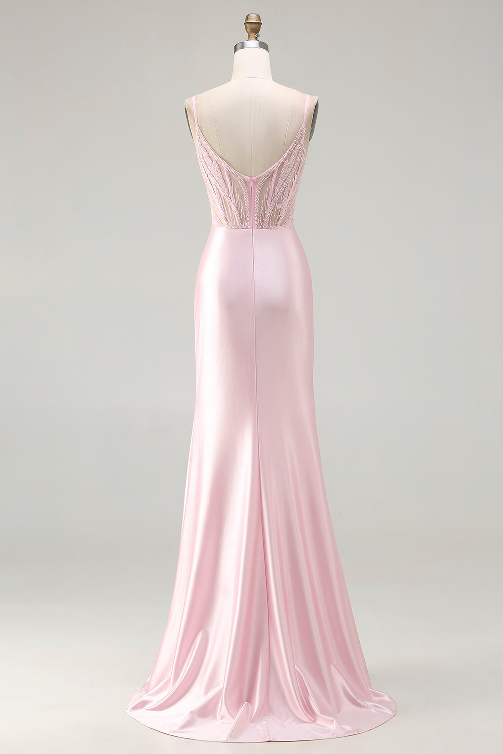 Sparkly Pink Satin Mermaid Beaded Long Corset Prom Dress with Slit