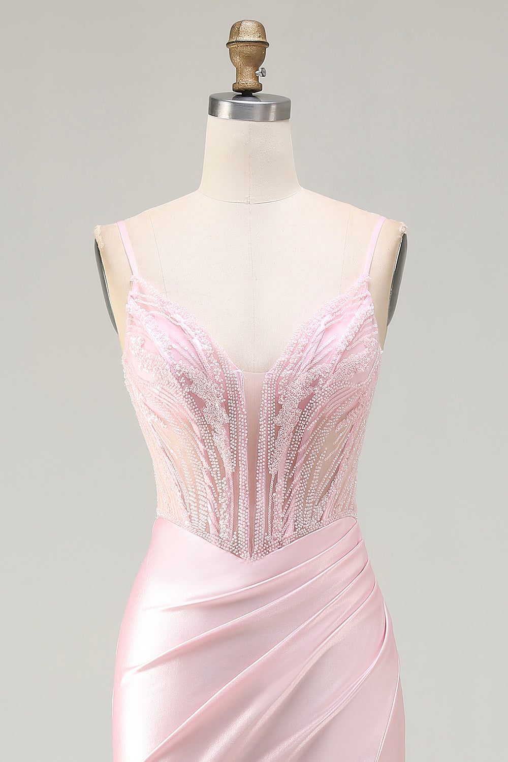 Sparkly Pink Satin Mermaid Beaded Long Corset Prom Dress with Slit