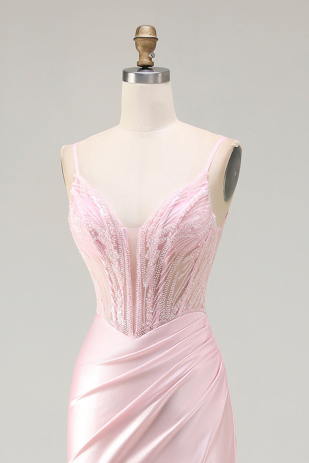 Sparkly Pink Satin Mermaid Beaded Long Corset Prom Dress with Slit