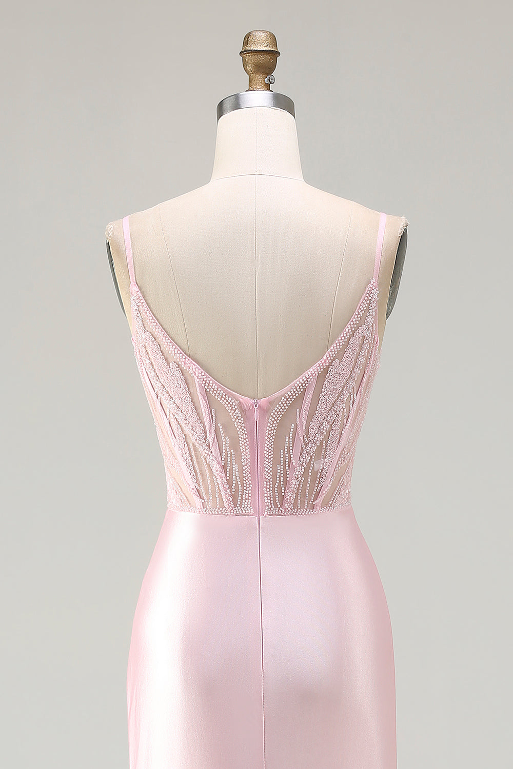 Sparkly Pink Satin Mermaid Beaded Long Corset Prom Dress with Slit