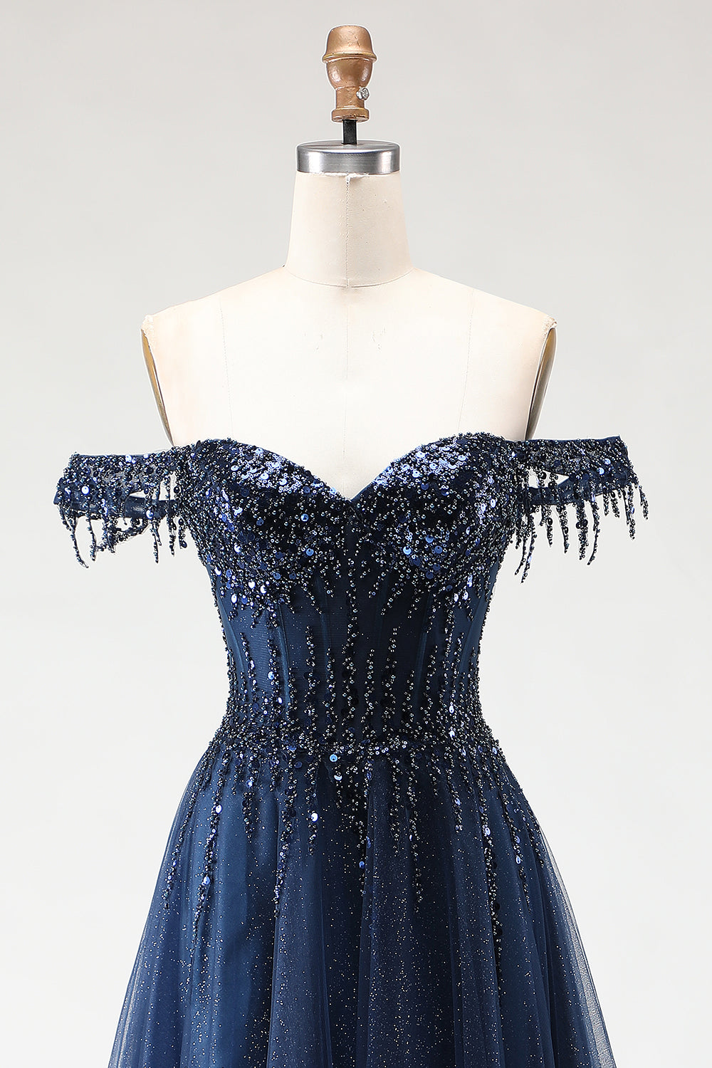 Sparkly Navy Tulle A-Line Corset Long Prom Dress with Beading