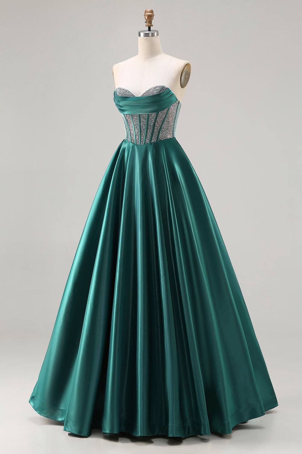 Sparkly Dark Green Satin Ball Gown Sweetheart Long Corset Prom Dress with Beading
