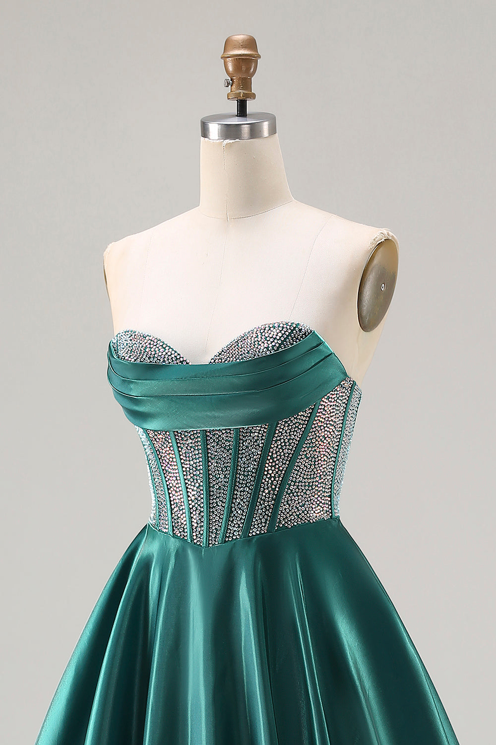 Sparkly Dark Green Satin Ball Gown Sweetheart Long Corset Prom Dress with Beading