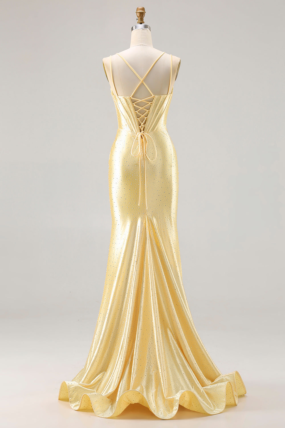 Elegant Light Yellow Corset Mermaid Beaded Long Satin Prom Dress
