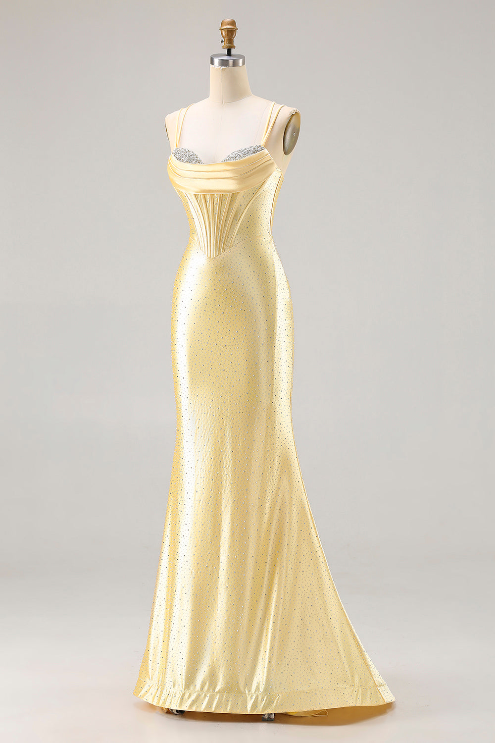 Elegant Light Yellow Corset Mermaid Beaded Long Satin Prom Dress