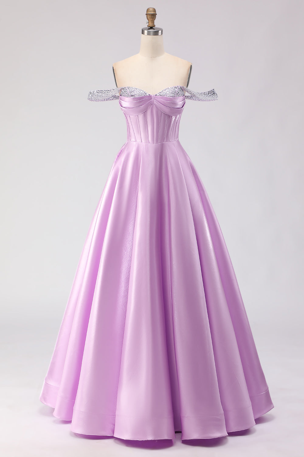Sparkly Light Purple Ball Gown Satin Long Corset Prom Dress with Beading