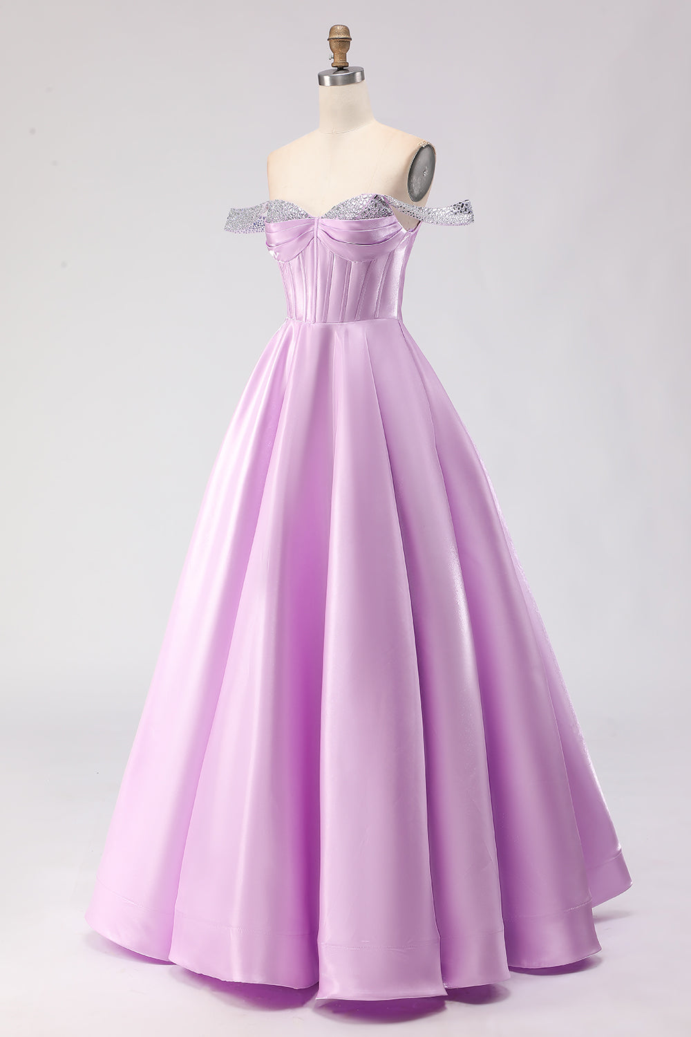 Sparkly Light Purple Ball Gown Satin Long Corset Prom Dress with Beading