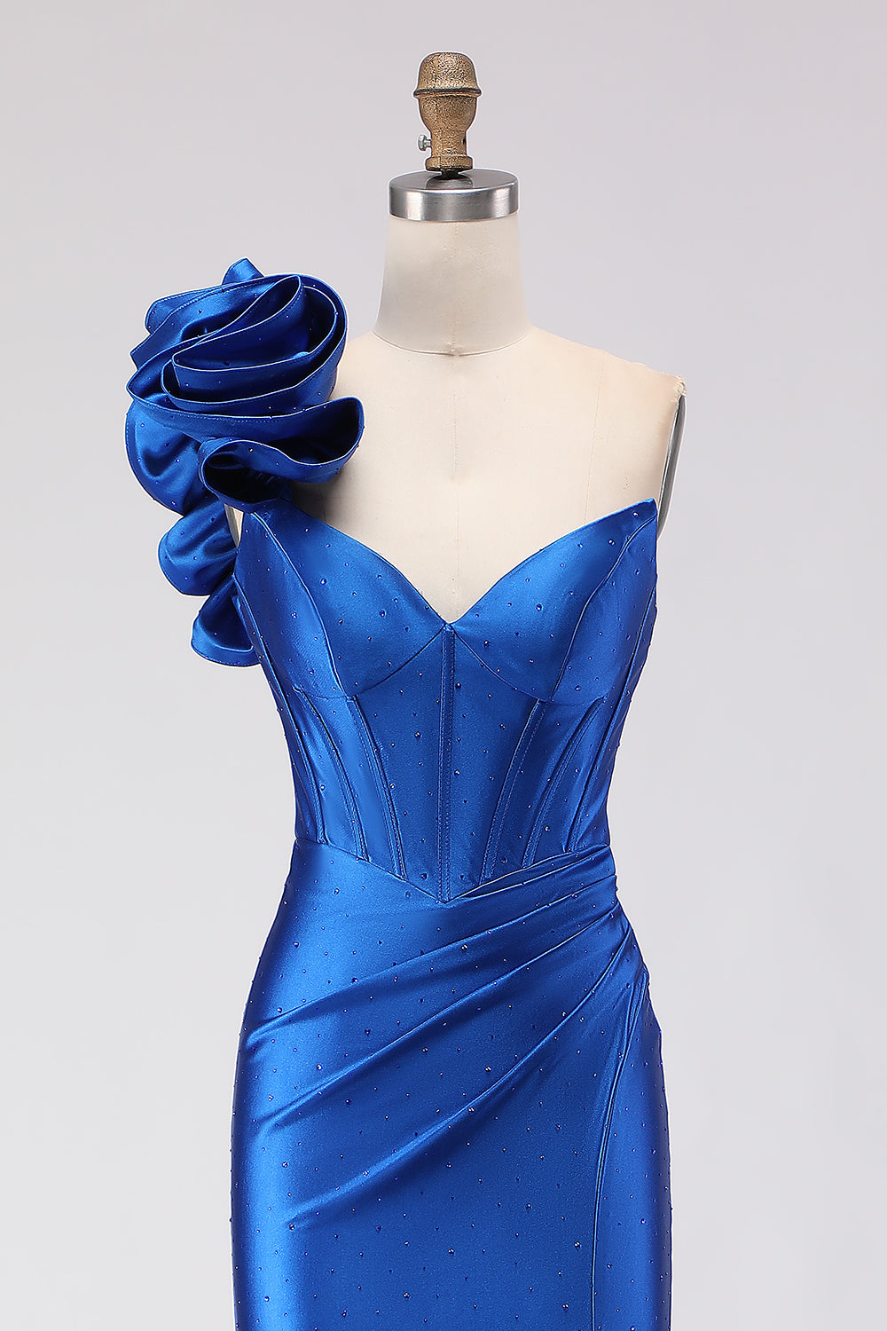 Royal Blue Satin One Shoulder Mermaid Long Corset Prom Dress with Slit