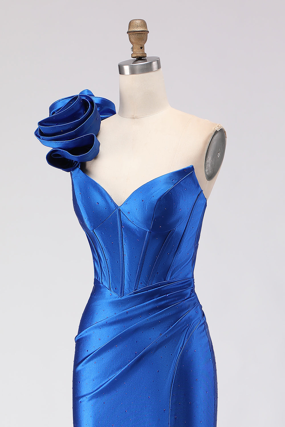 Royal Blue Satin One Shoulder Mermaid Long Corset Prom Dress with Slit