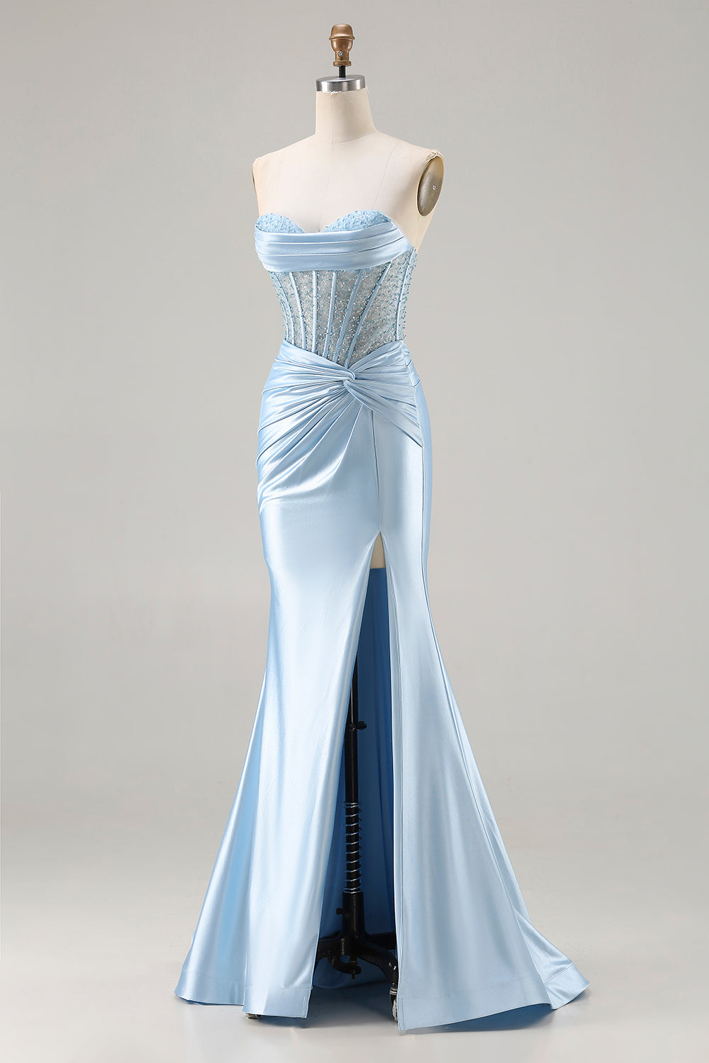 Sparkly Sky Blue Strapless Satin Mermaid Long Corset Prom Dress with Slit