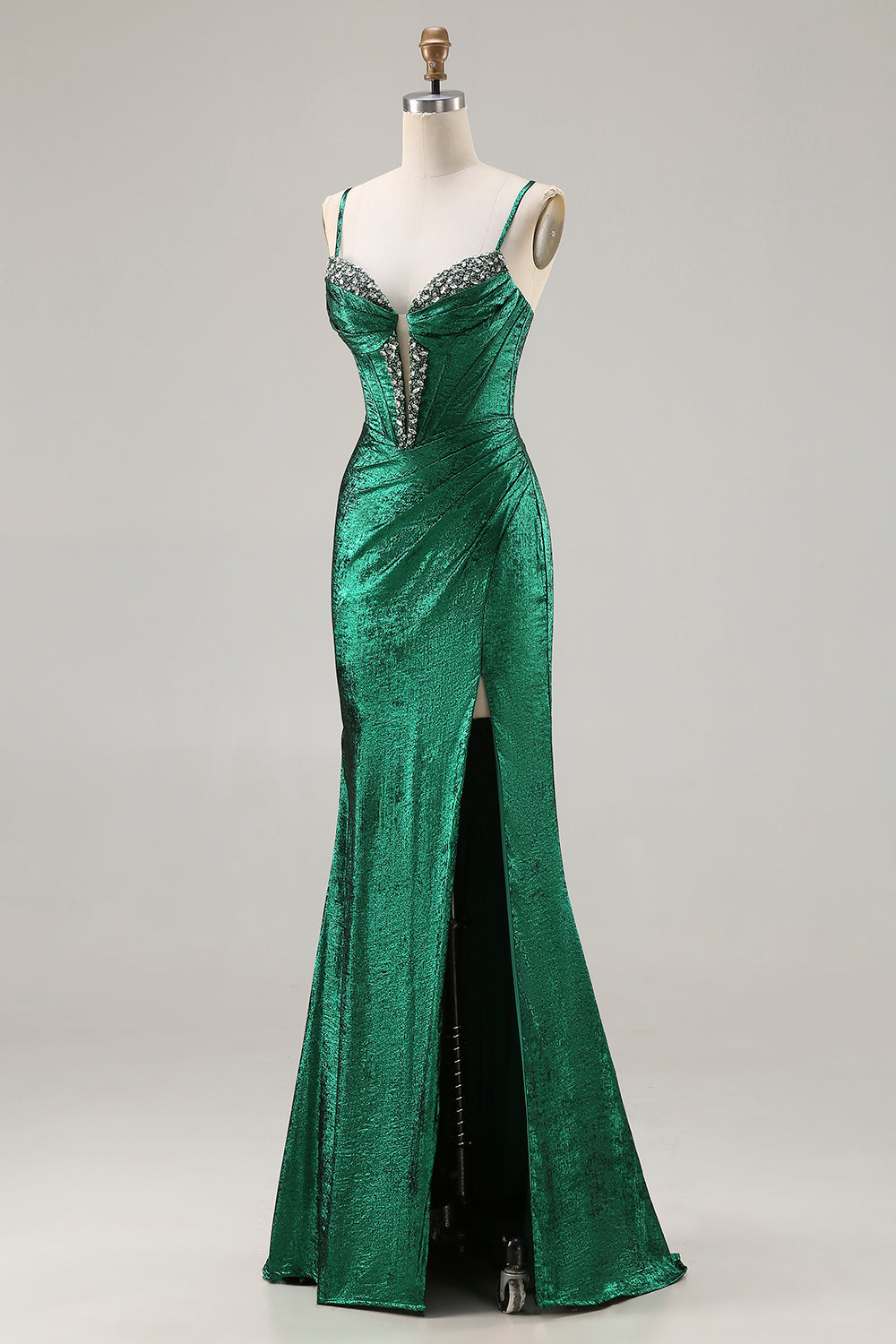 Sparkly Dark Green Mermaid Beaded Ruched Long Corset Prom Dress with Slit