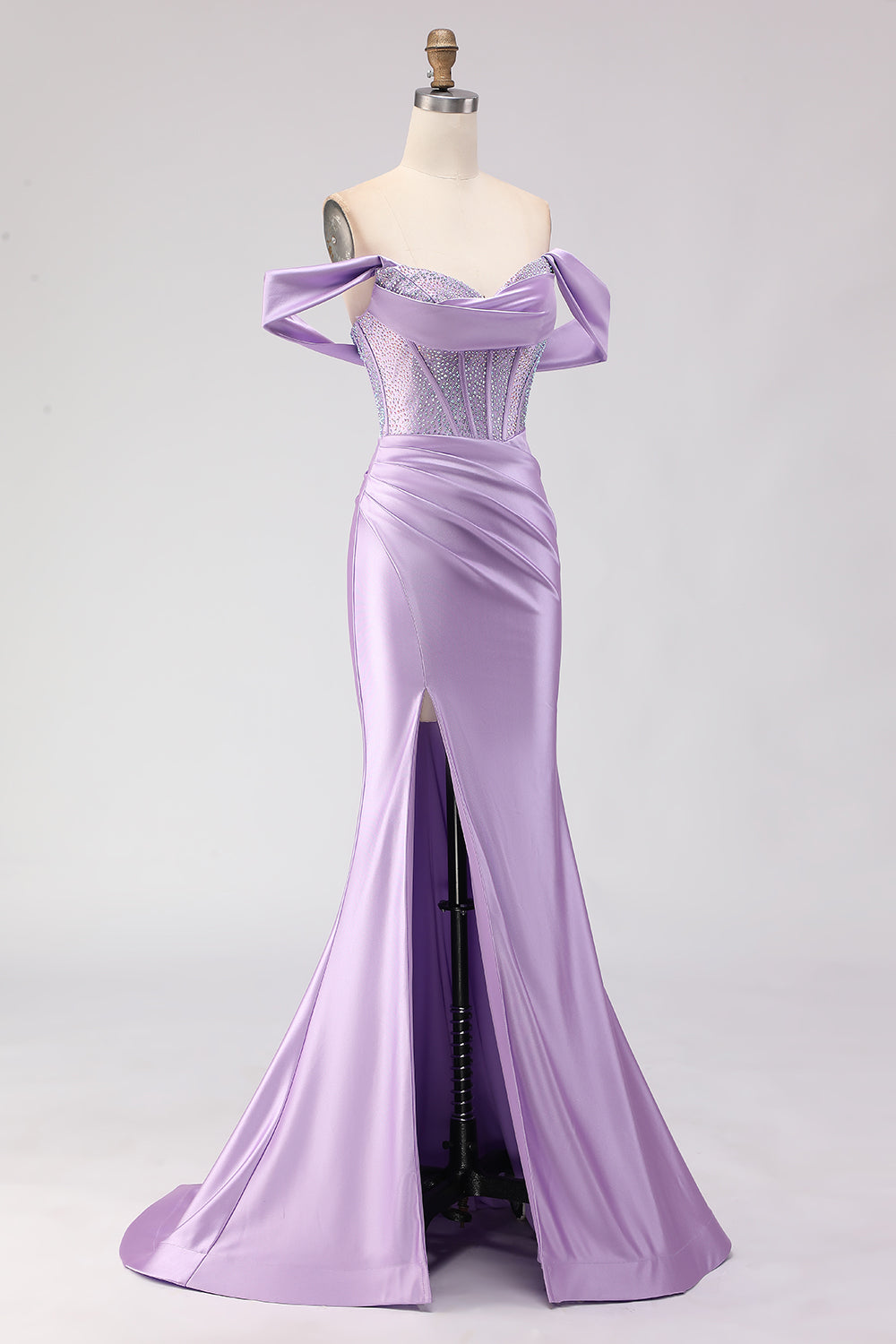 Sparkly Purple Off the Shoulder Beaded Long Corset Prom Dress with Slit