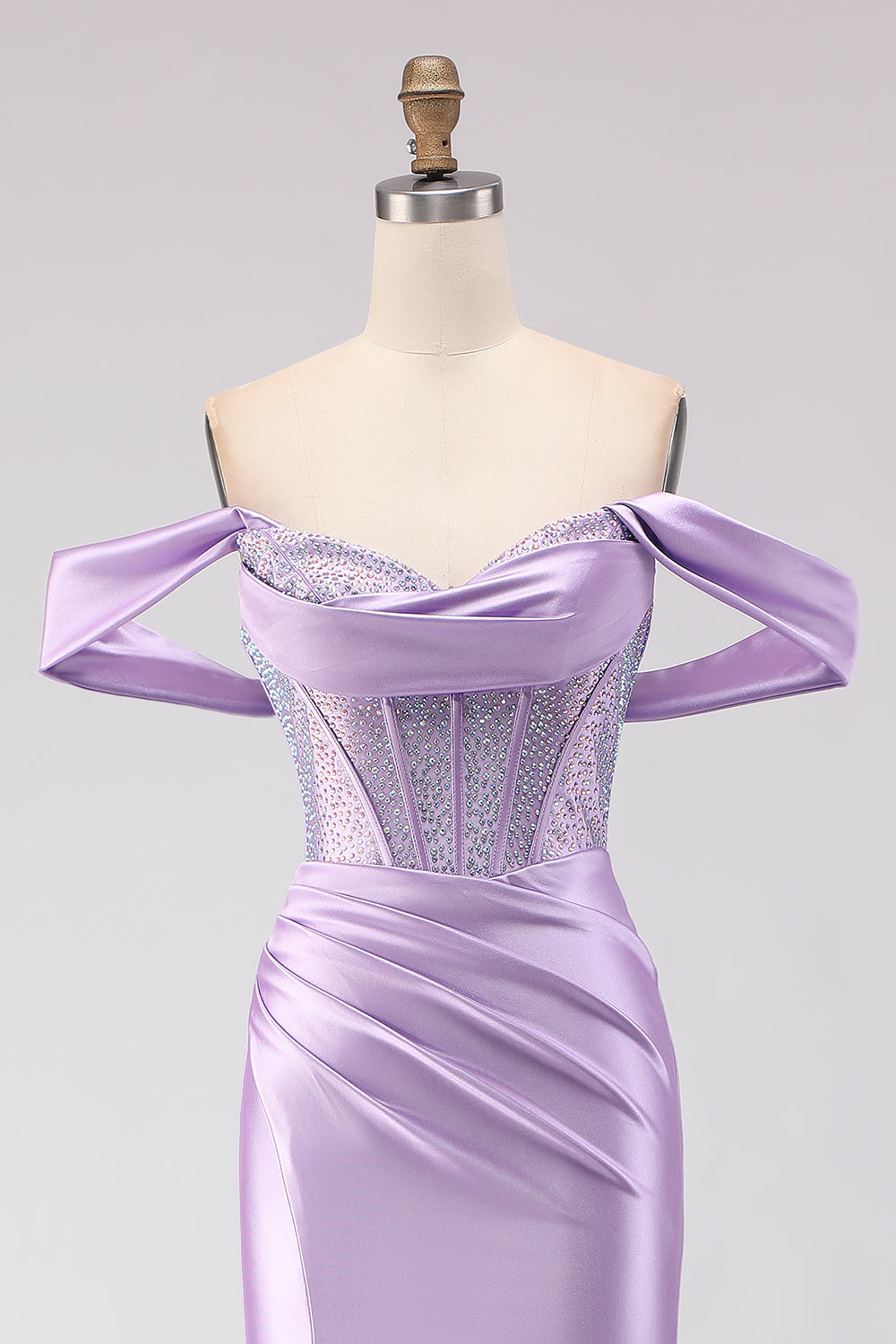 Sparkly Purple Off the Shoulder Beaded Long Corset Prom Dress with Slit