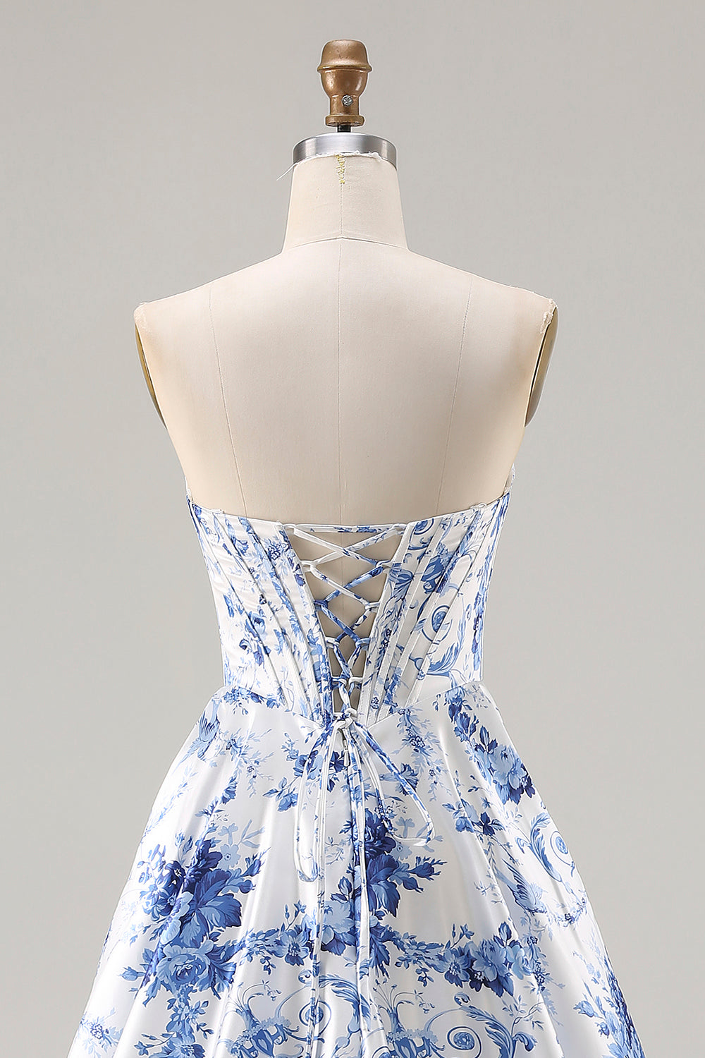 Blue Floral Strapless A Line Long Corset Prom Dress with Slit