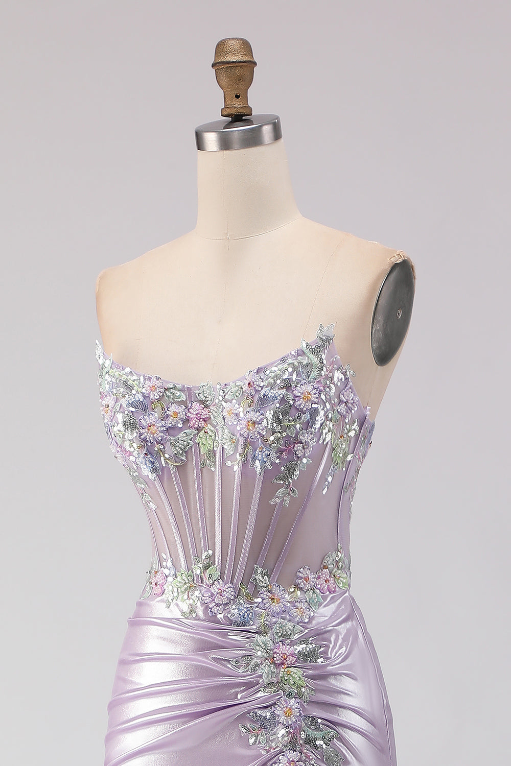 Sparkly Light Purple Floral Mermaid Long Corset Prom Dress with Beading
