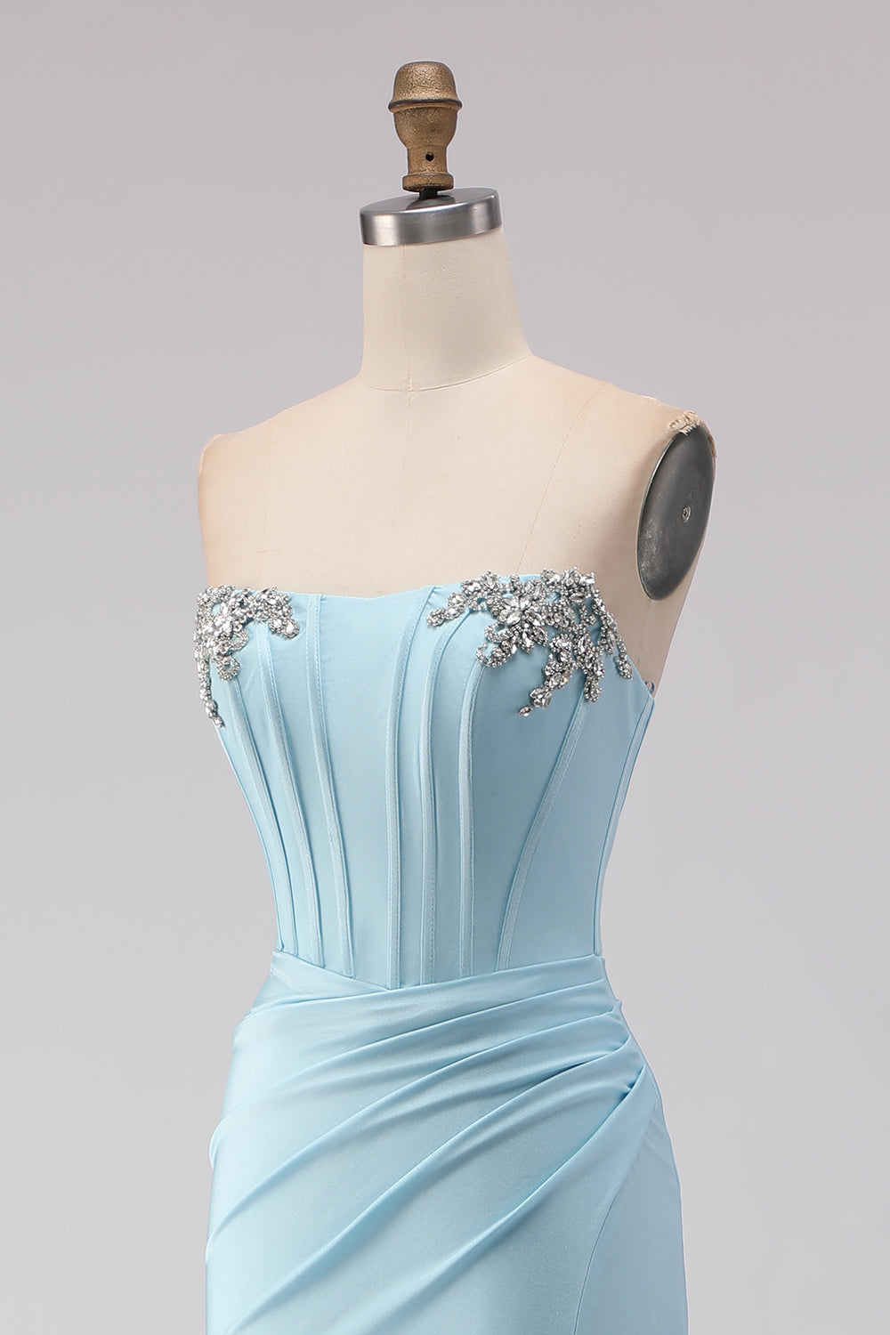 Sparkly Sky Blue Ruched Beaded Long Corset Prom Dress with Slit