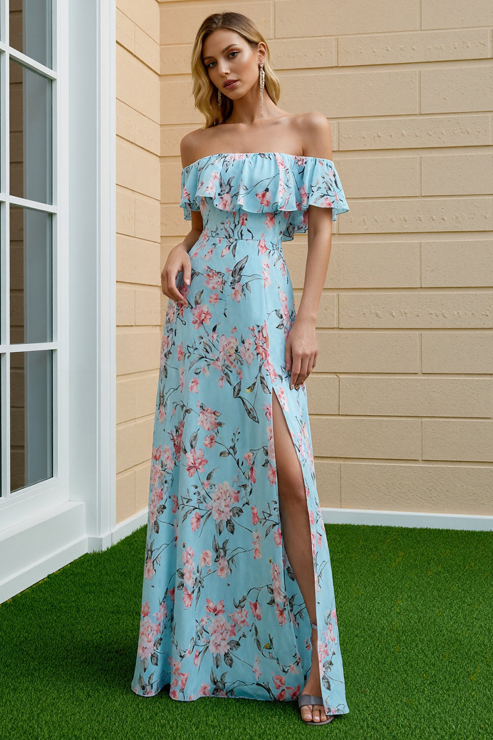 Floral Blue and Pink Off the Shoulder Sheath Long Wedding Guest Dress with Slit