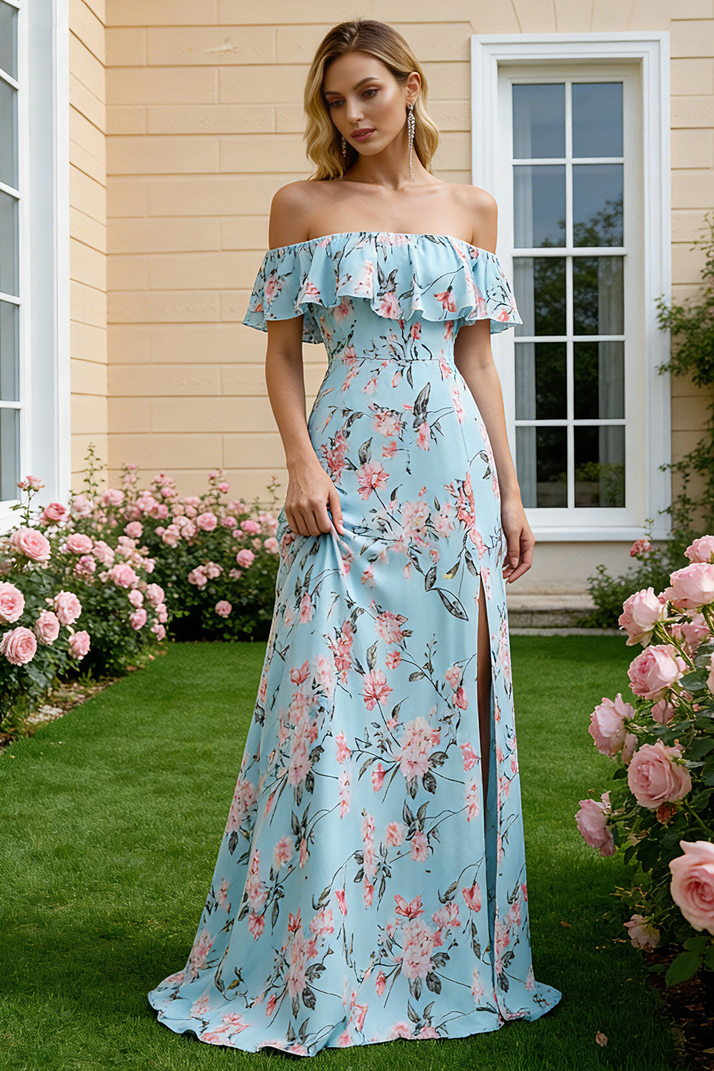 Floral Blue and Pink Off the Shoulder Sheath Long Wedding Guest Dress with Slit