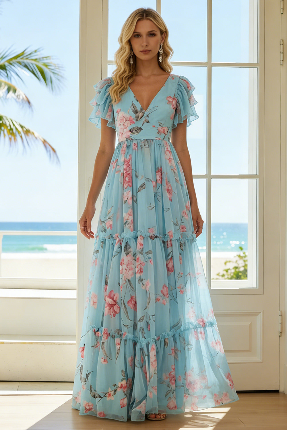 Floral Blue and Pink A Line Ruffled V-Neck Long Wedding Guest Dress