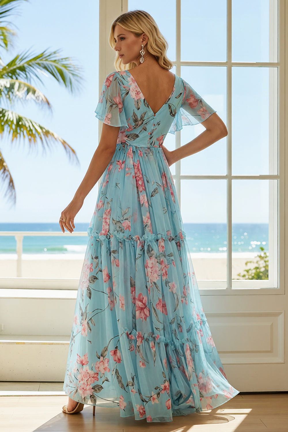 Floral Blue and Pink A Line Ruffled V-Neck Long Wedding Guest Dress