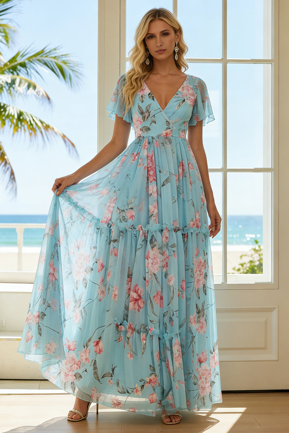 Floral Blue and Pink A Line Ruffled V-Neck Long Wedding Guest Dress