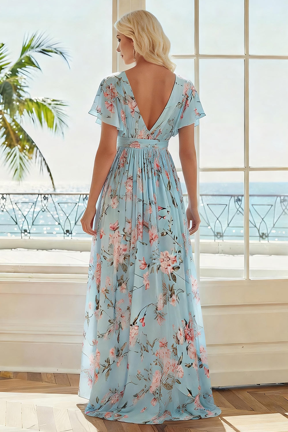Floral Blue and Pink Asymmetrical V-Neck Wedding Guest Dress with Sleeves