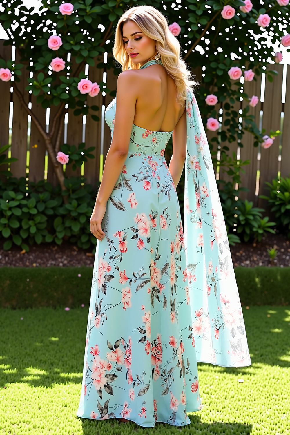 Blue and Pink Floral Long Chiffon Wedding Guest Dress with Side Cape