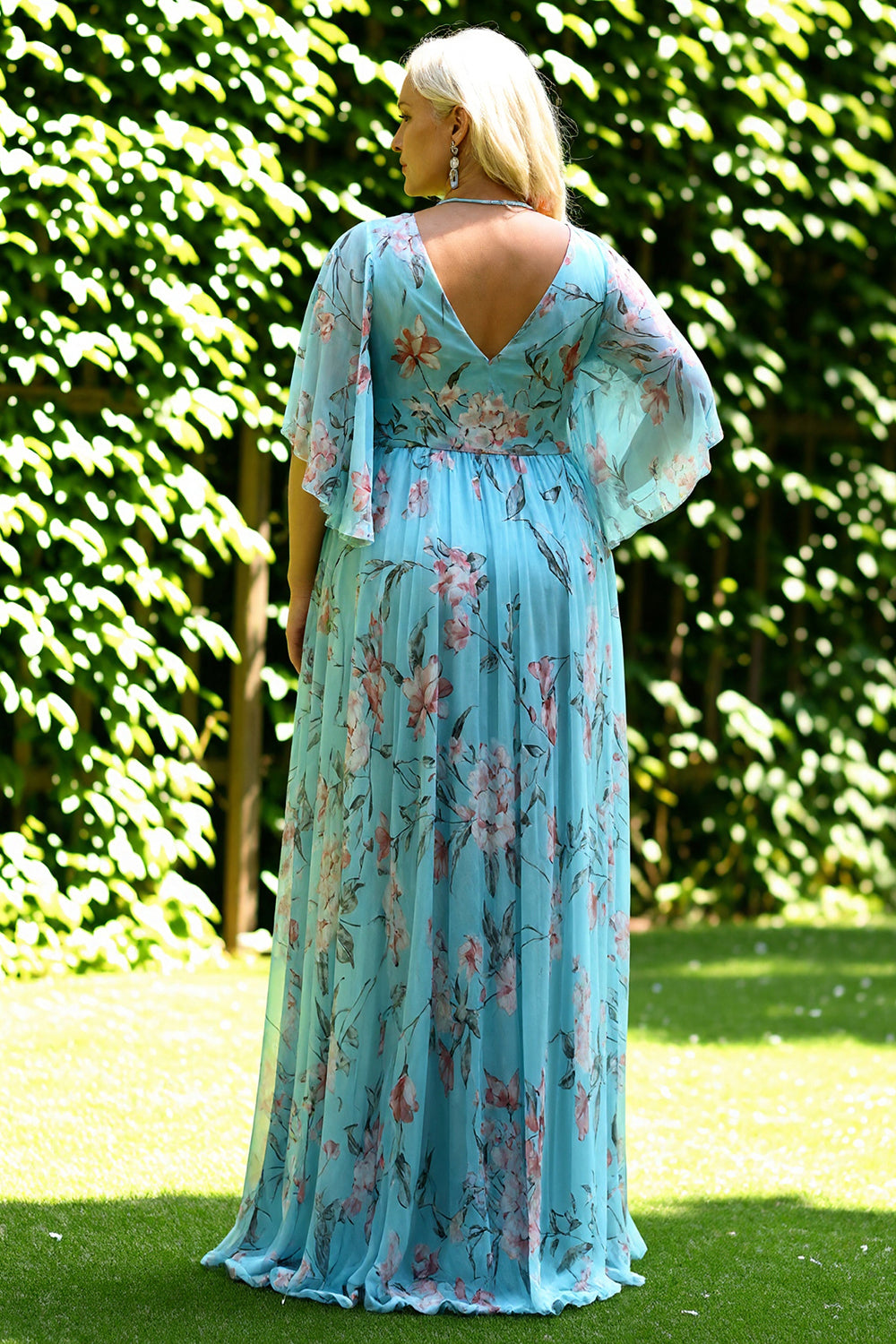Floral Blue and Pink Plus Size Batwing Sleeevs Long Wedding Guest Dress