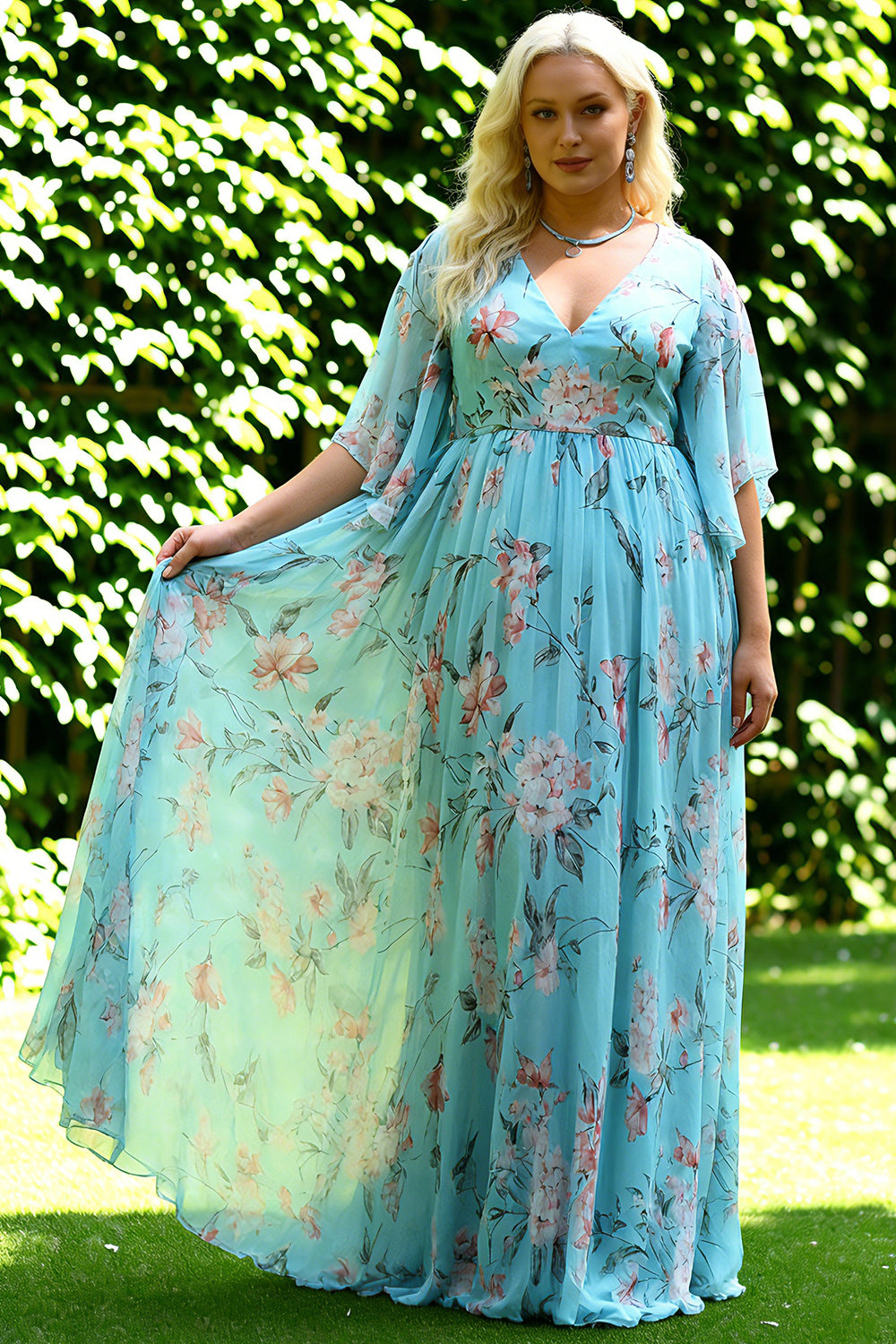 Floral Blue and Pink Plus Size Batwing Sleeevs Long Wedding Guest Dress