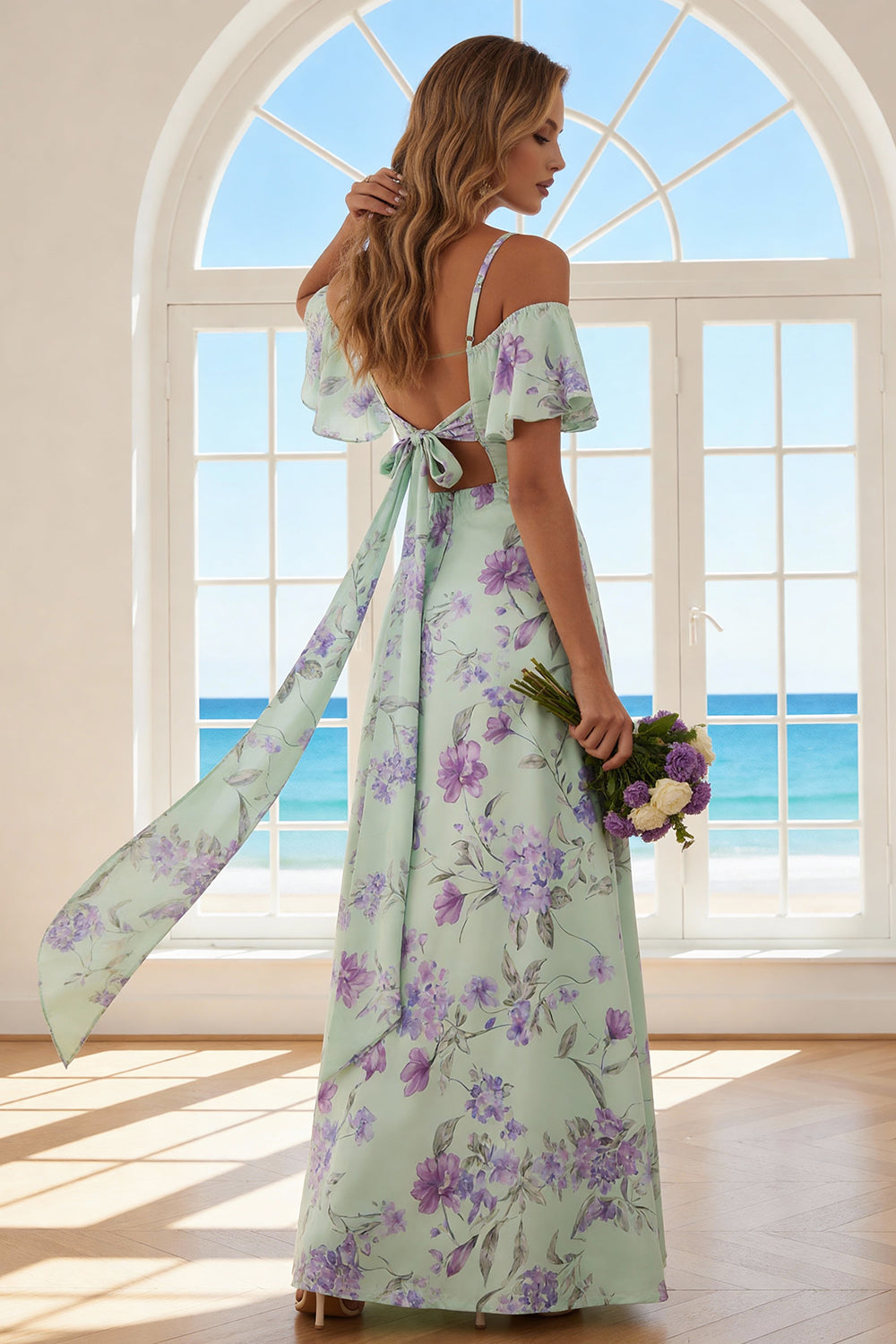 Floral Green and Purple Cold Shoulder Sheath Long Wedding Guest Dress with Slit