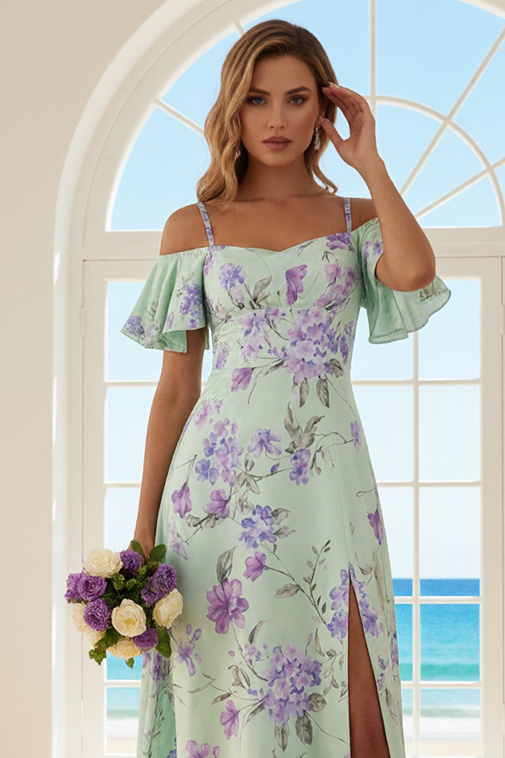 Floral Green and Purple Cold Shoulder Sheath Long Wedding Guest Dress with Slit