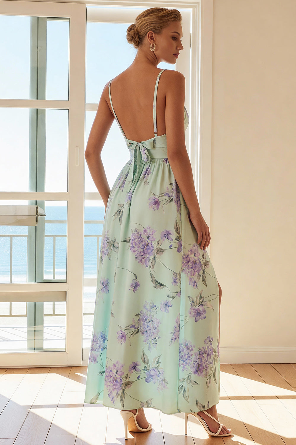 Green and Purple Spaghetti Straps Floral Long Wedding Guest Dress with Slit