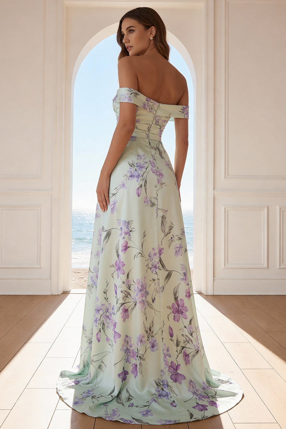 Green and Purple Floral Ruched A Line Long Wedding Guest Dress with Slit