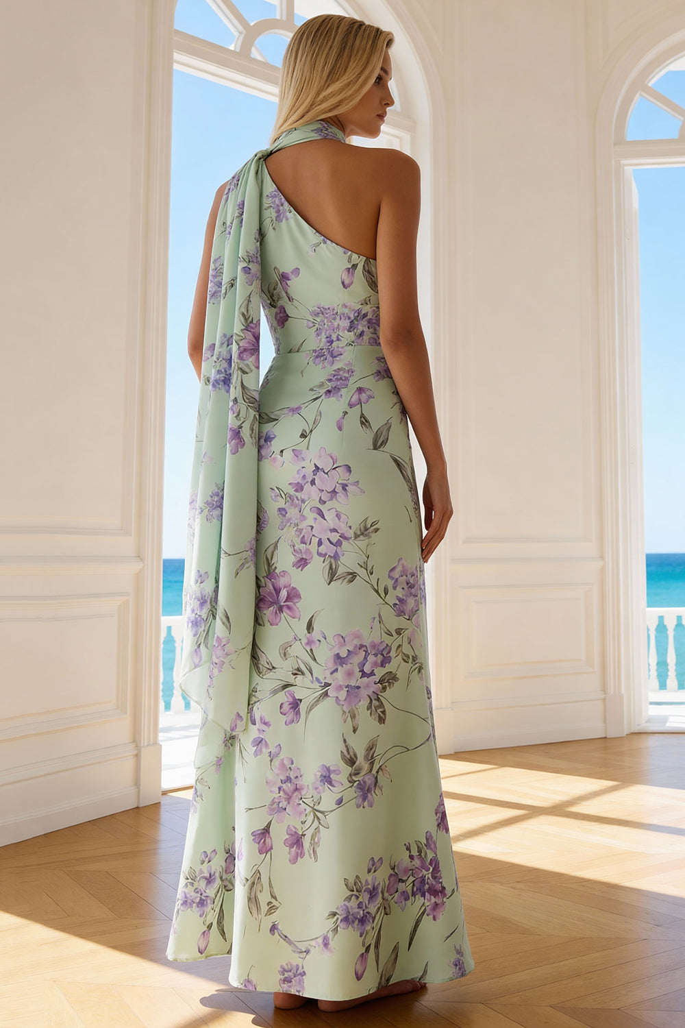 Green and Purple Neck Scarf Long Floral Wedding Guest Dress with Side Cape