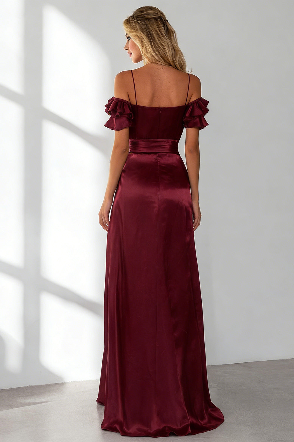 Burgundy Cold Shoulder Ruffled A Line Long Wedding Guest Dress with Slit