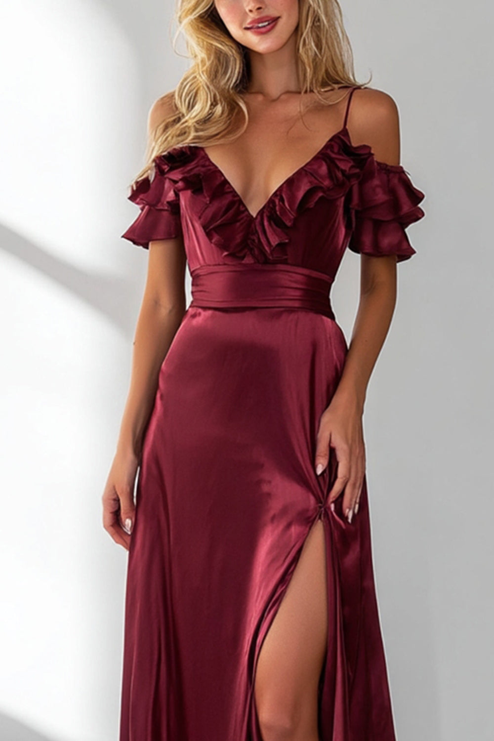 Burgundy Cold Shoulder Ruffled A Line Long Wedding Guest Dress with Slit