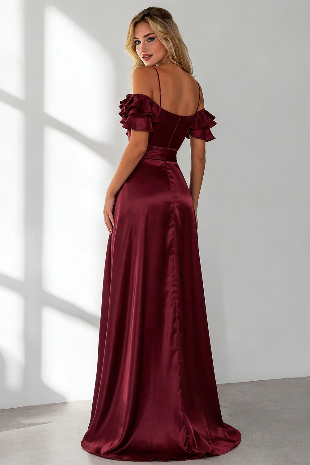 Burgundy Cold Shoulder Ruffled A Line Long Wedding Guest Dress with Slit
