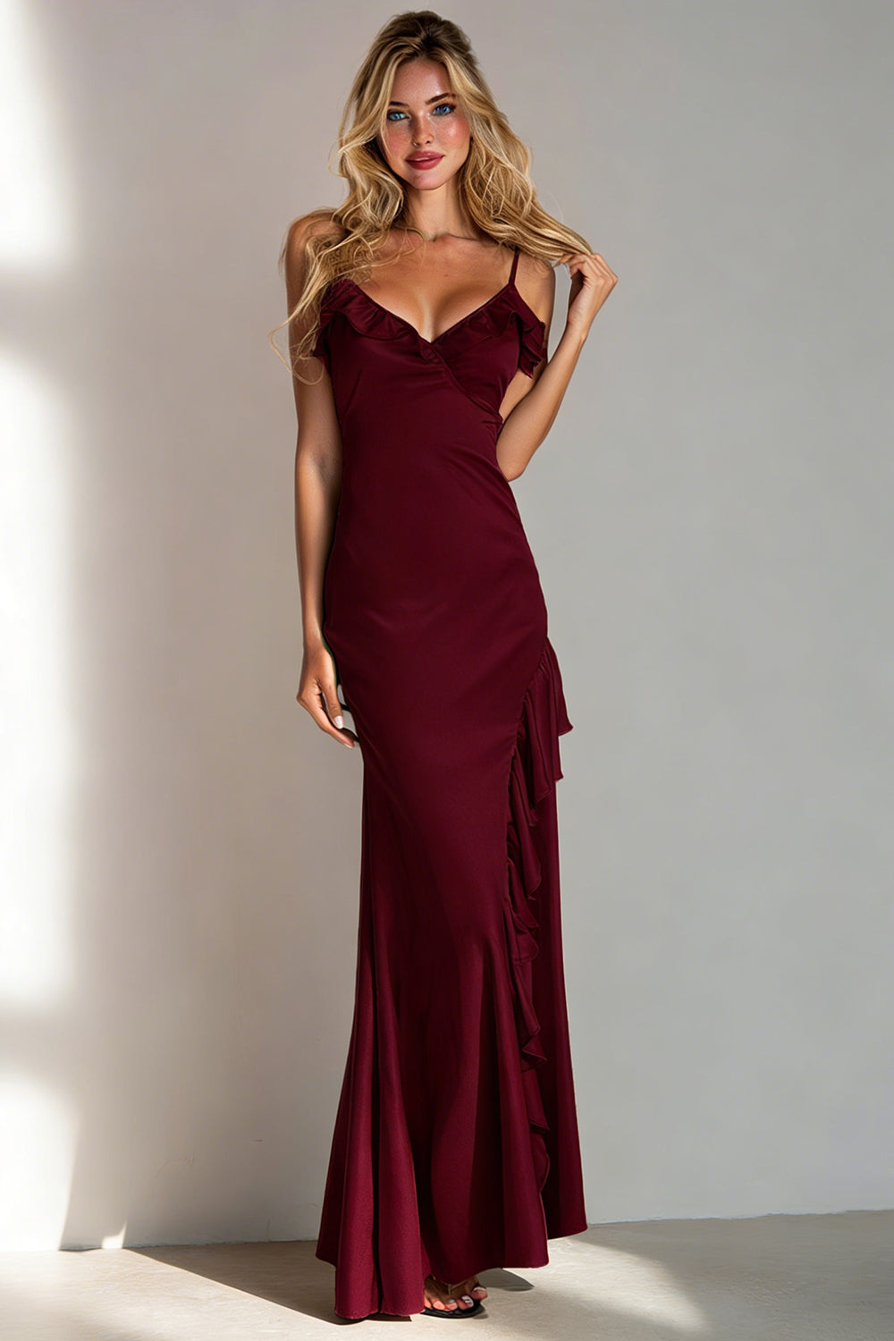 Burgundy Satin Spaghetti Straps Long Wedding Guest Dress with Ruffles