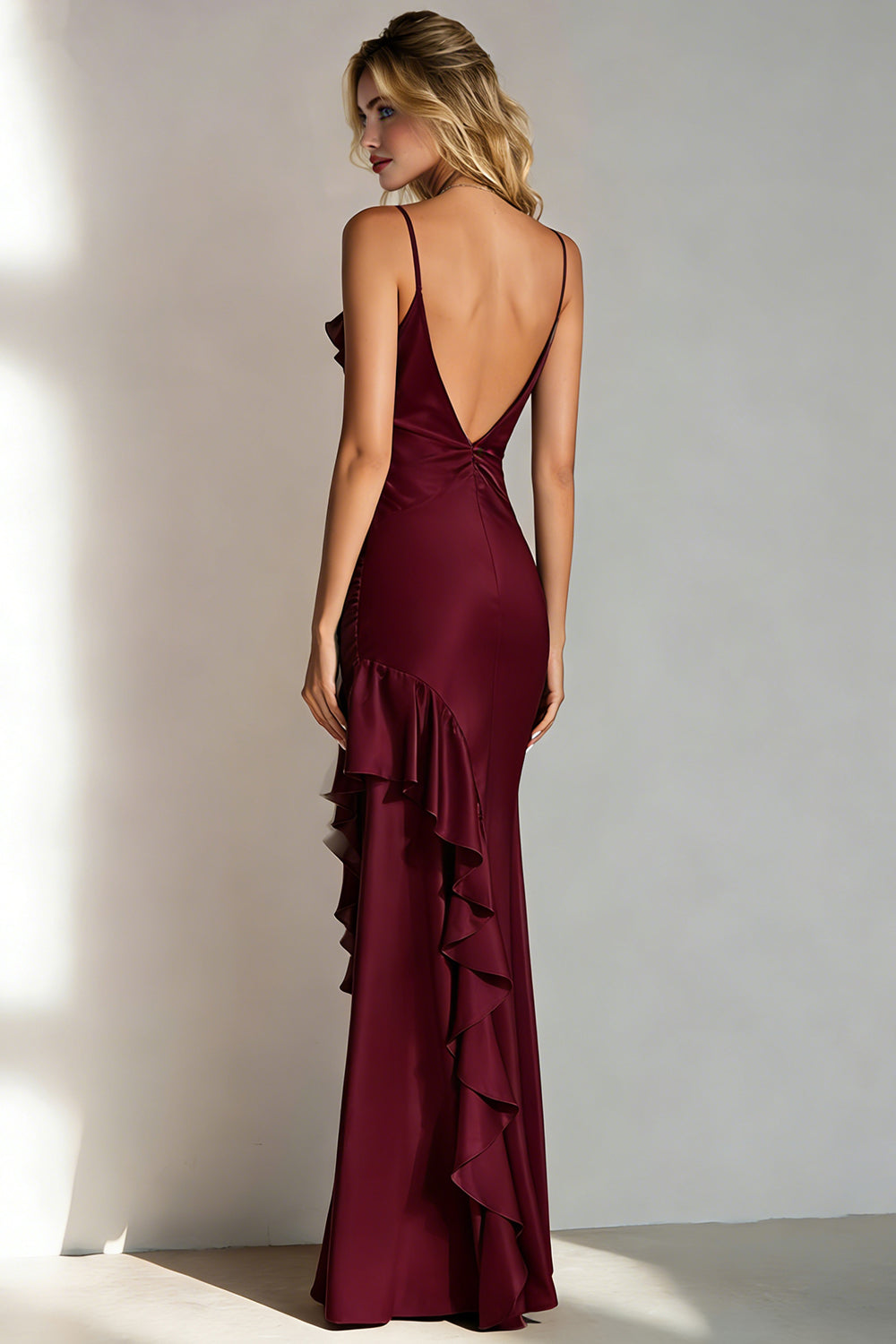 Burgundy Satin Spaghetti Straps Long Wedding Guest Dress with Ruffles