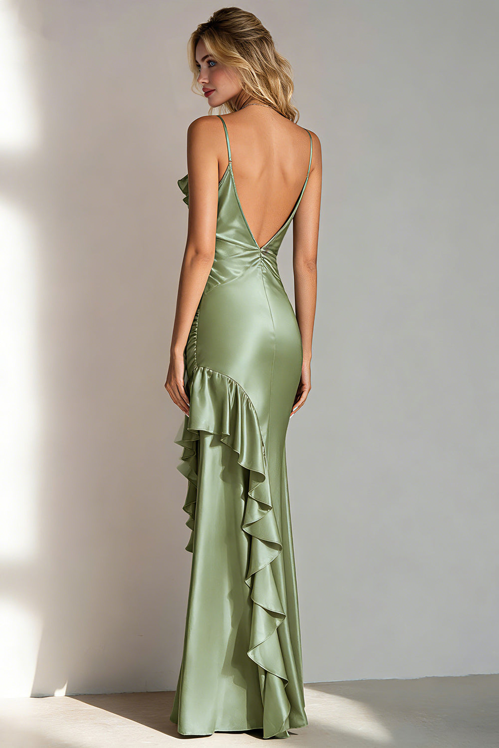 Burgundy Satin Spaghetti Straps Long Wedding Guest Dress with Ruffles