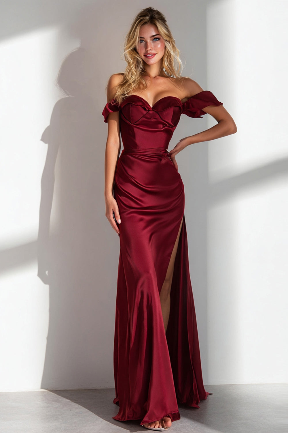 Simple Burgundy Mermaid Satin Off the Shoulder Long Wedding Guest Dress with Slit