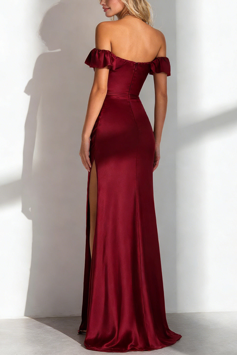 Simple Burgundy Mermaid Satin Off the Shoulder Long Wedding Guest Dress with Slit