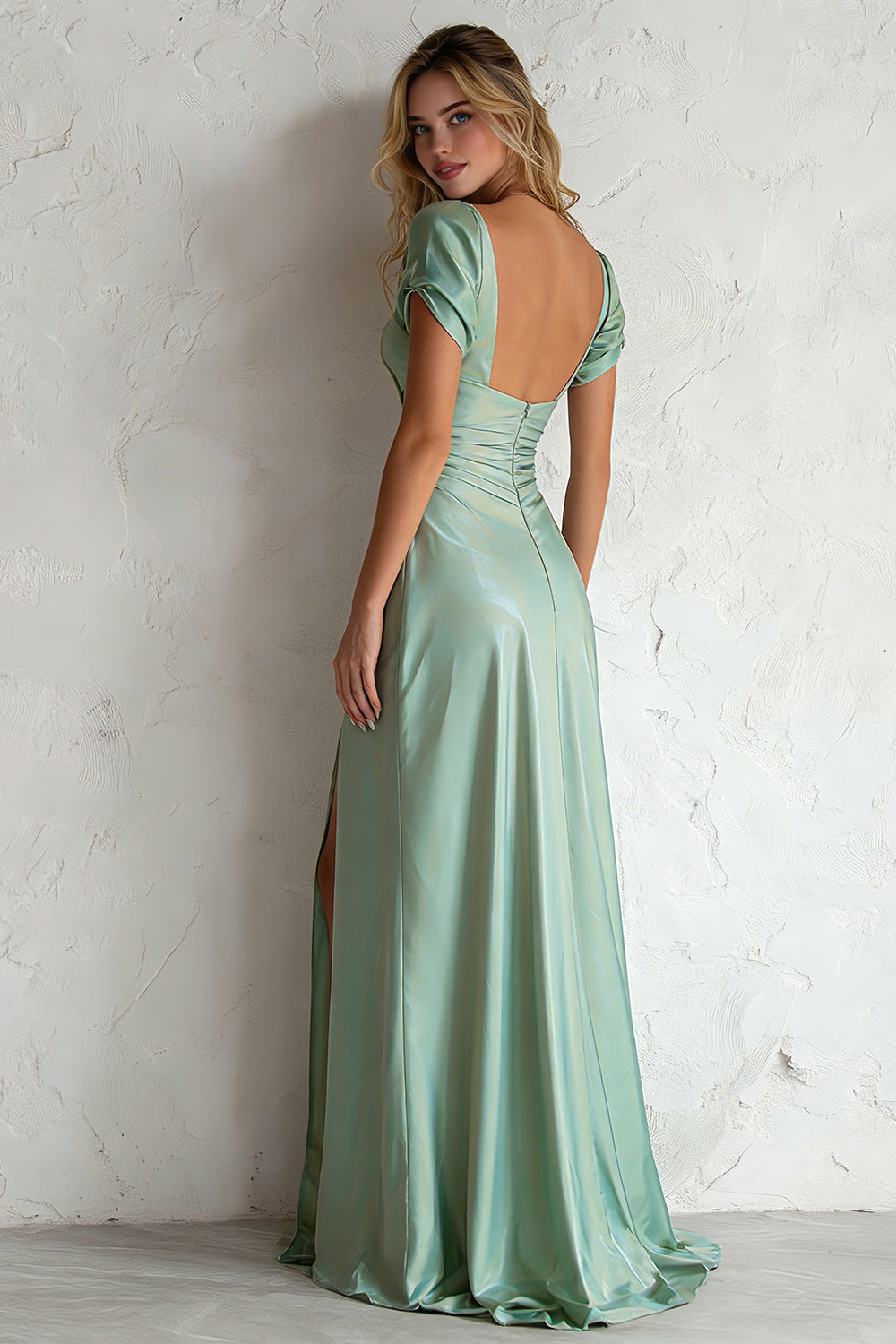 Light Green Satin A Line V Neck Long Wedding Guest Dress with Slit
