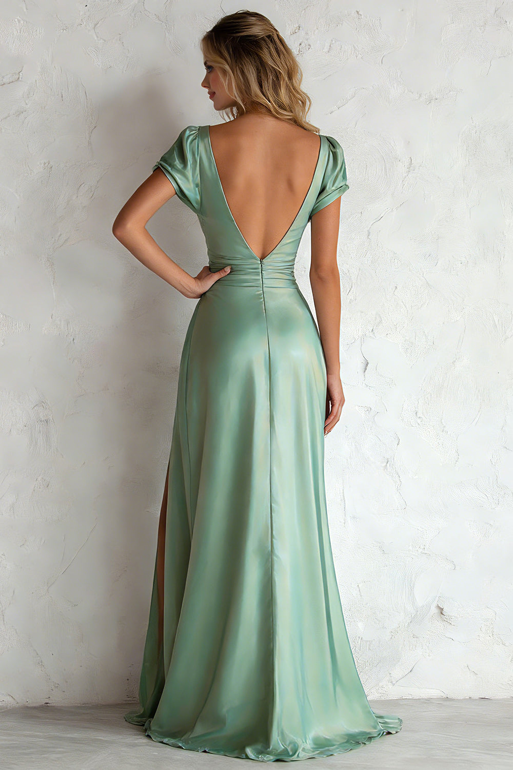 Light Green Satin A Line V Neck Long Wedding Guest Dress with Slit