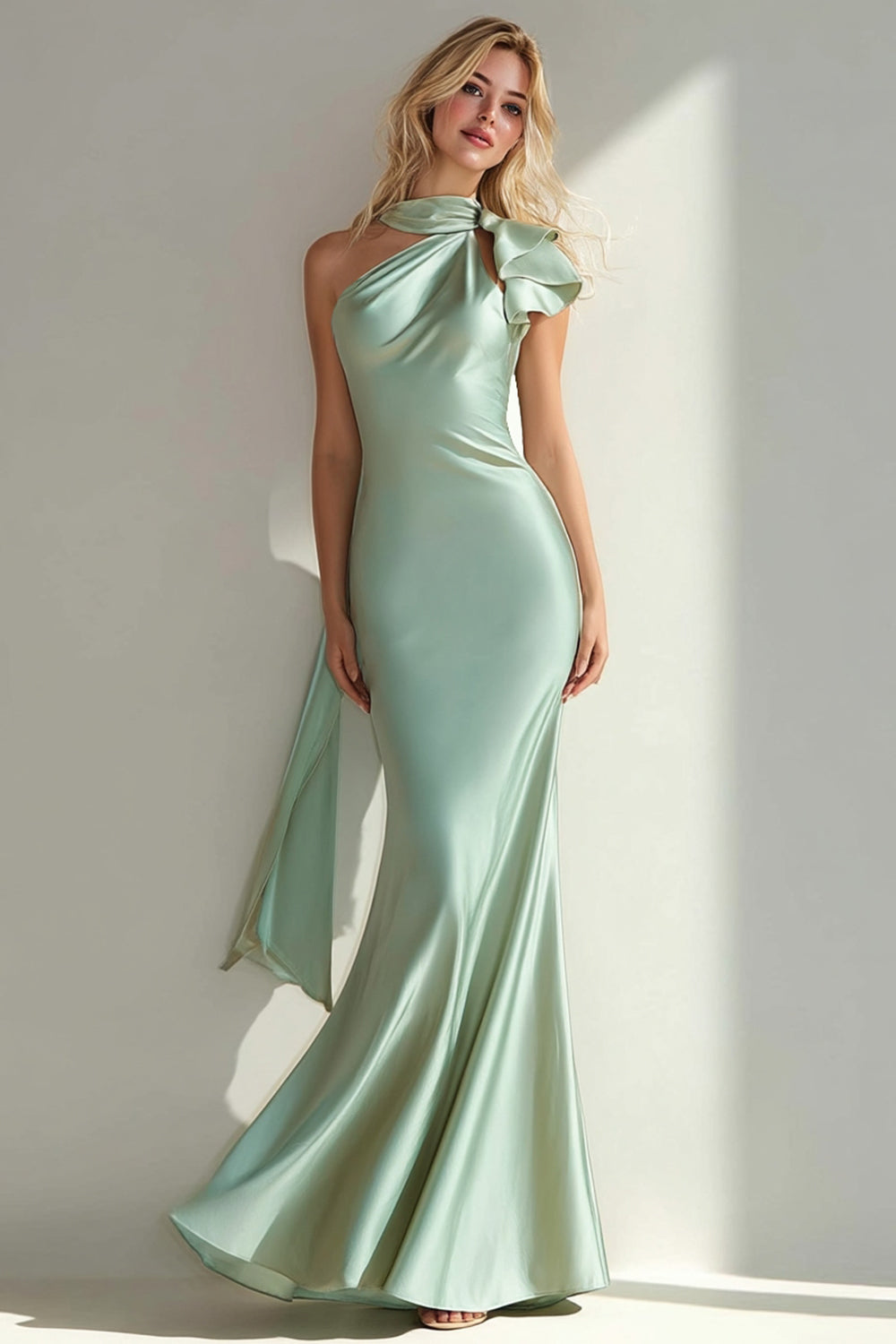 Light Green Satin Neck Scarf Mermaid Long Wedding Guest Dress
