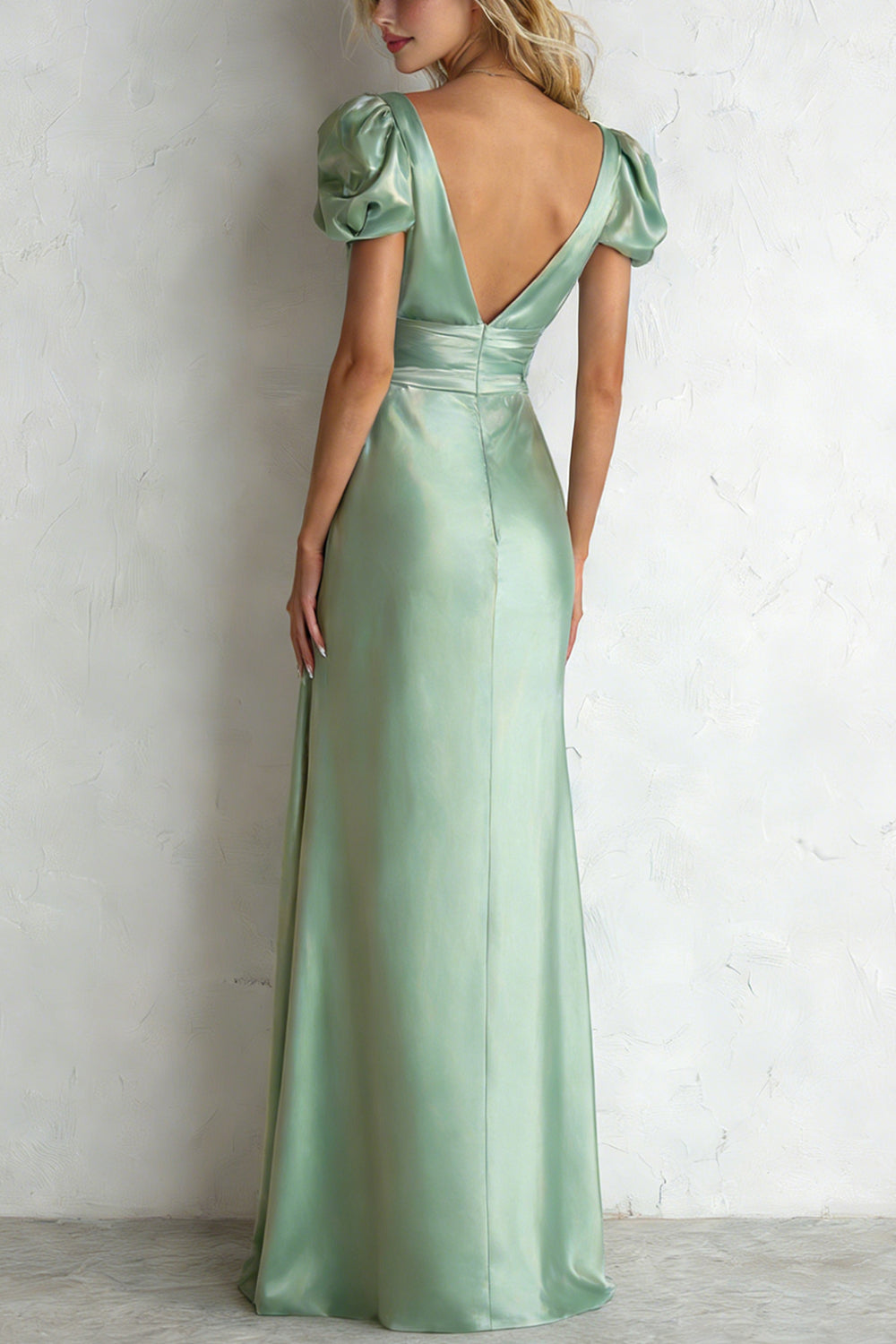 Light Green Satin V Neck Short Sleeves A Line Long Wedding Guest Dress with Slit