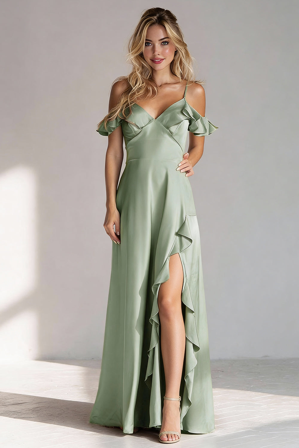 Light Green Spaghetti Straps Ruffled A Line Long Wedding Guest Dress with Slit