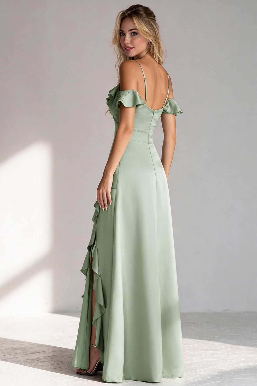Light Green Spaghetti Straps Ruffled A Line Long Wedding Guest Dress with Slit