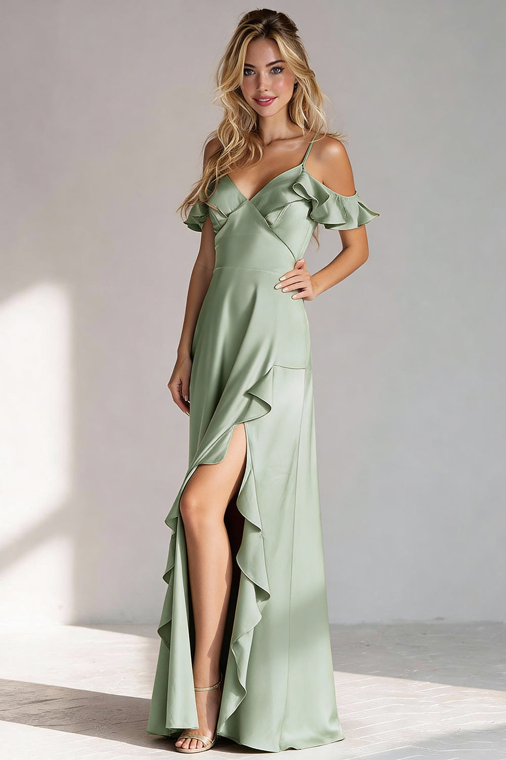 Light Green Spaghetti Straps Ruffled A Line Long Wedding Guest Dress with Slit